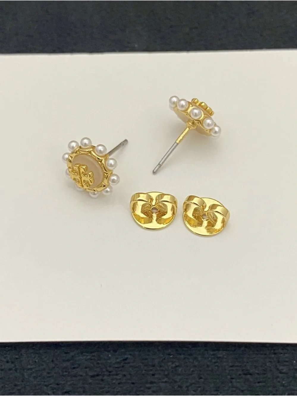 Tory Burch Gold Logo Pearl-Trim Stud Earrings